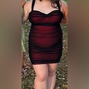 Red With Black Mesh Bodycon Dress